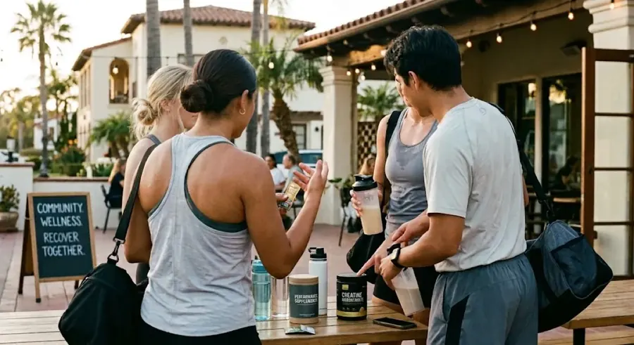 Friends comparing the supplements they take at an outdoor table.